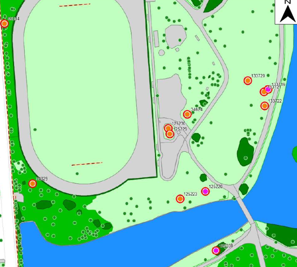 Plattegrond park Sorghvliedt met aangeduide stippen